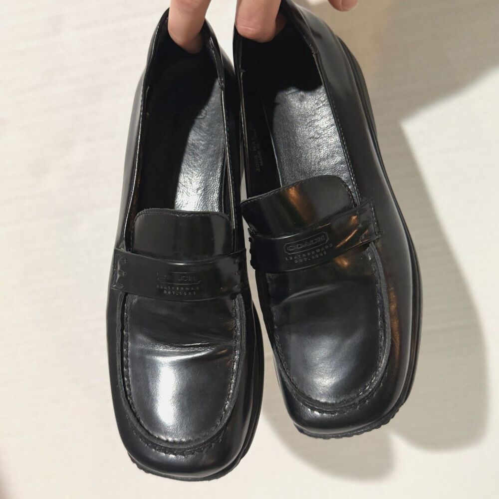 Coach, Vintage Black Patent Leather Square Toe Chunky Penny Loafer, 6.5 Rae Shoe